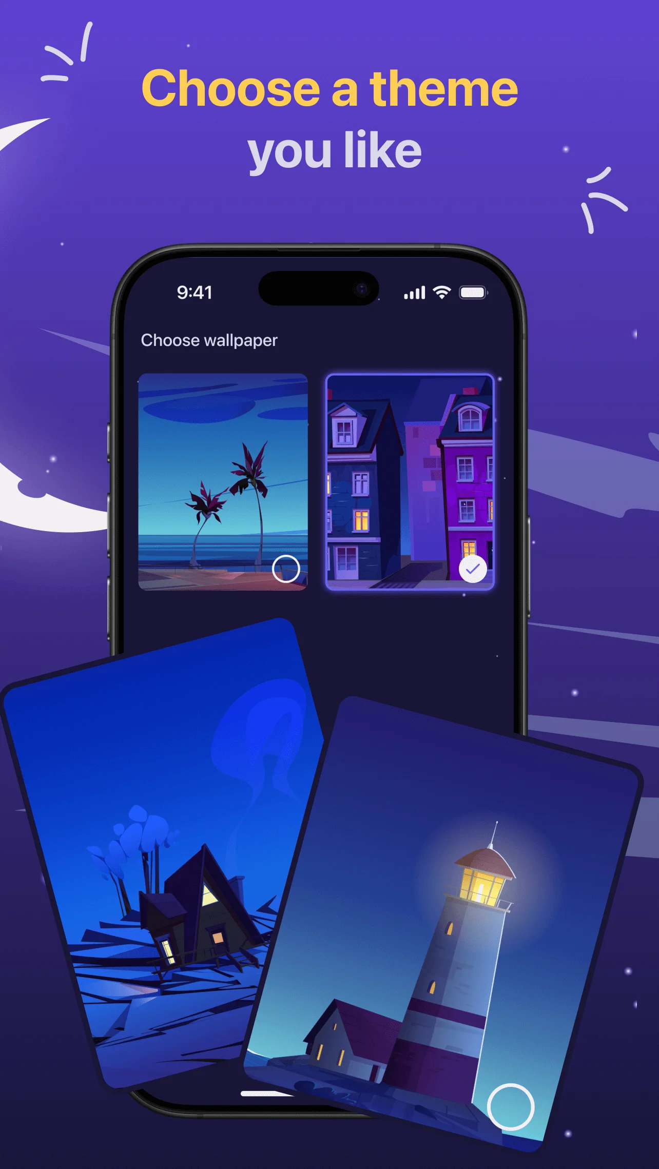Theme selection with night-themed wallpapers